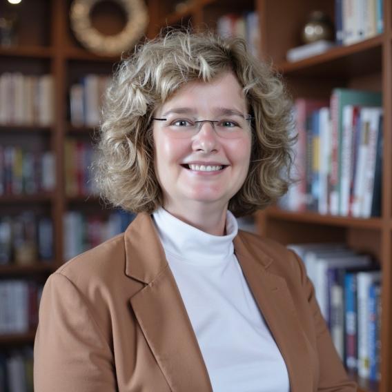 Smiling woman with glasses, curly blonde hair, and brown blazer. Bookshelf background.