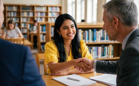 Smiling woman in yellow shaking hands with a man in a library.