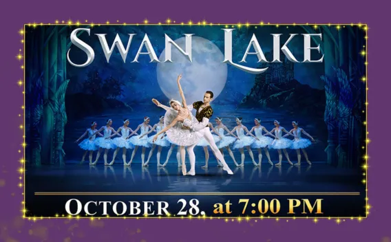Swan Lake promotional graphic featuring principal ballet dancers and a corps of swans performing on a moonlit stage. Text reads: “Classical Arts Entertainment Presents The United European Ballet Company. Swan Lake. October 28, at 7:00 PM.”